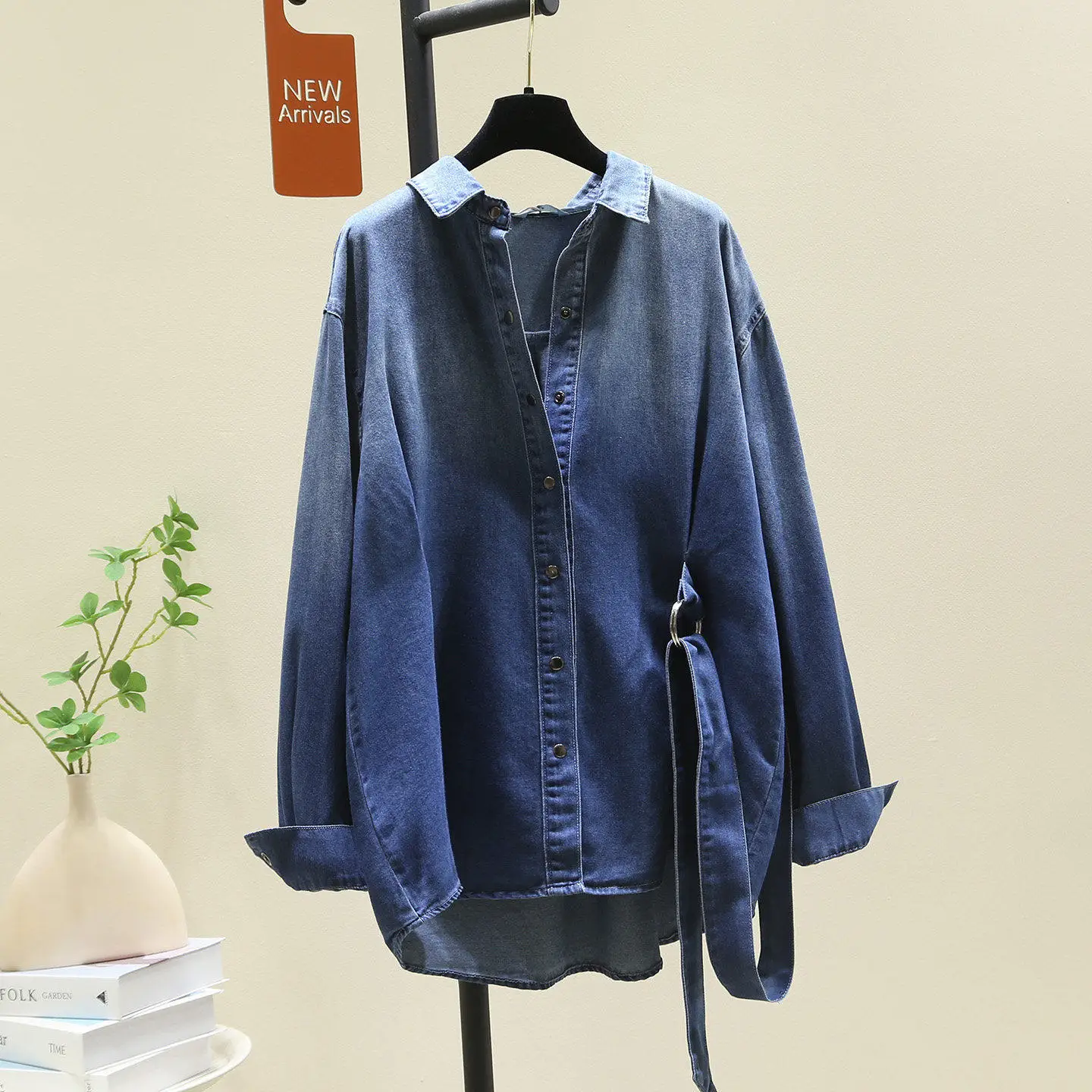 

Джинсовая рубашка SuperAen Design с завязками и высокой талией для женщин, весенняя, винтажная, в корейском стиле, свободная, с длинными рукавами, повседневная