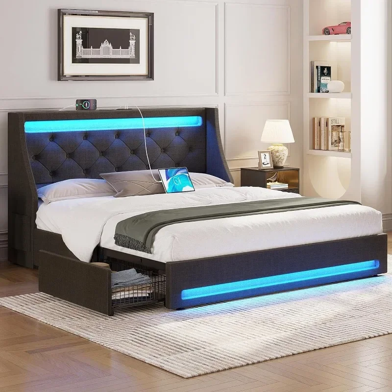 ZHENXIANG Queen Bed Frame with LED Lights and Charging Station, Upholstered Bed with Drawers, Wooden Slats,  Easy Assembly