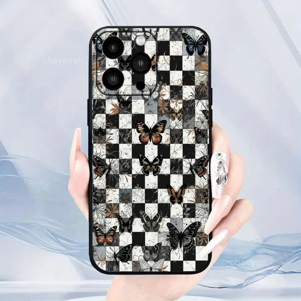 Grid butterfly pattern phone case suitable for iPhone 17 16 15 14 13 12 11 Pro/Max/Plus all inclusive frosted soft case