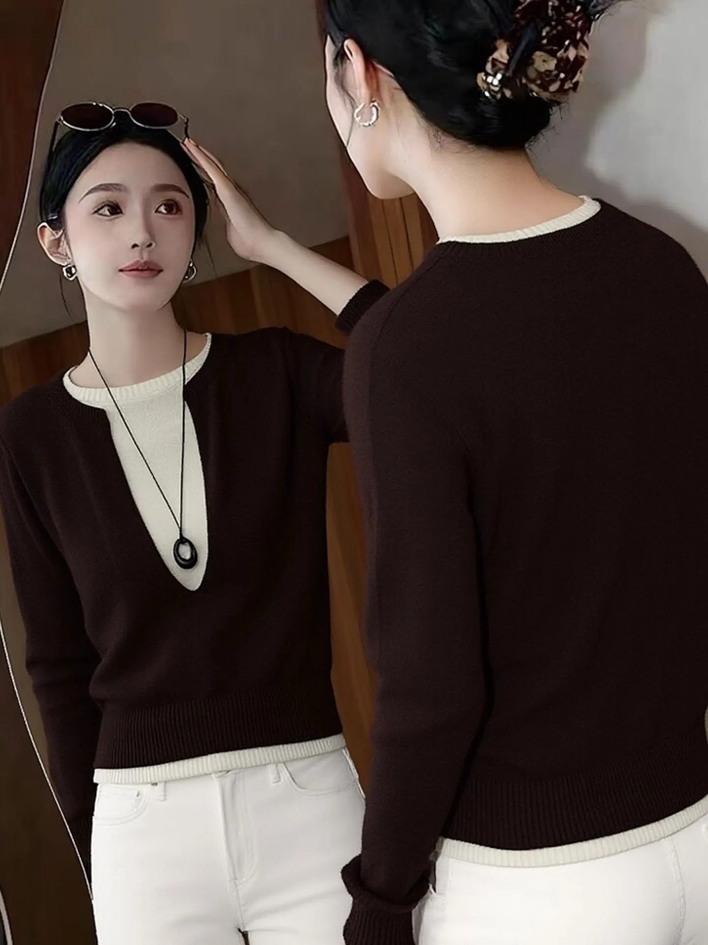 

Вязаный свитер Ele с длинными рукавами, модный ретро-стиль, зима 2025, удобный для повседневной носки, средней плотности, из смесовой шерсти, для женщин