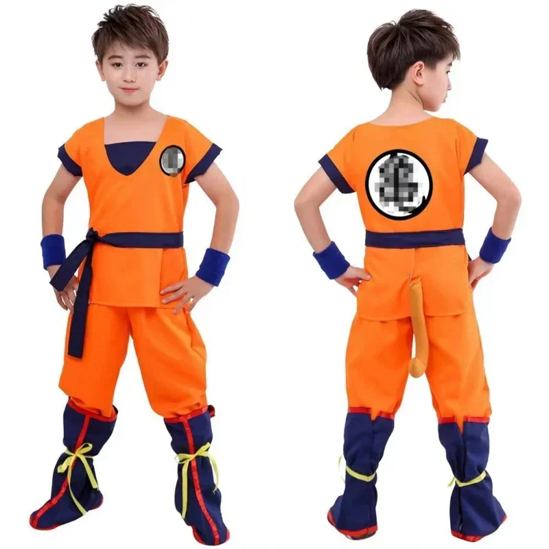 Halloween Bambini Ragazzi Son Goku Costume Cosplay Parrucca Scarpe Set Abbigliamento per bambini Puntelli per prestazioni Vestito da festa Regalo di compleanno