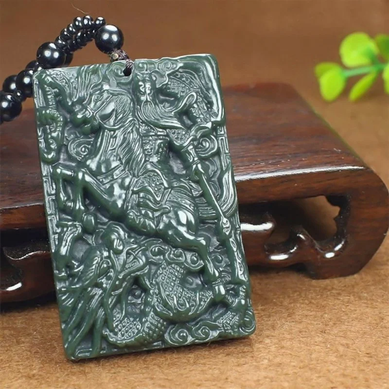 Hetian Green Men, Dominant Martial Necklace, Riding Guan Gong Jade Pendant
