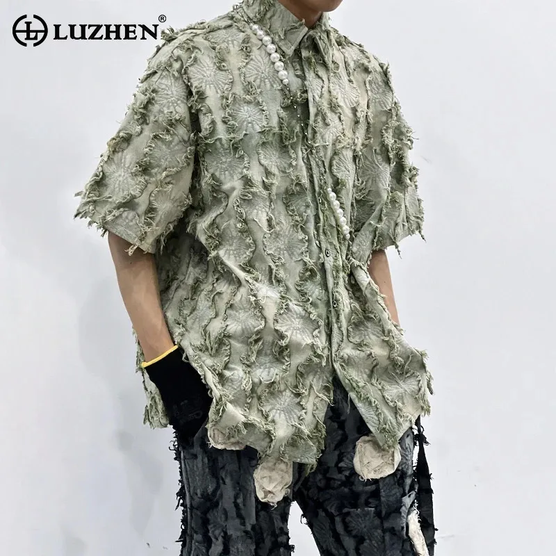 

LUZHEN 2025 Summer Personalized Burr Tassel Patchwork Design Short Sleeve Shirt Men's Fashion Original Streetwear Clothes JY3349