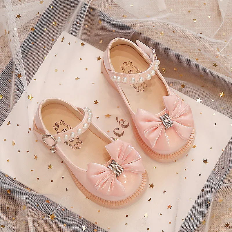 Congme 3-10Yrs Girl Leather Shoes Toddler Kids Korean Style Bow Pearl Flat Shoes Princess Shoes Dress Doll Shoes