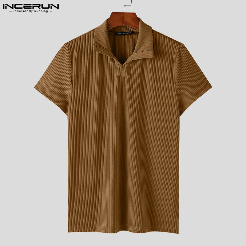 2024 Men T Shirt Solid Color Knitted Summer Lapel Short Sleeve Men Clothing Streetwear Korean Fashion Casual Tee Tops INCERUN