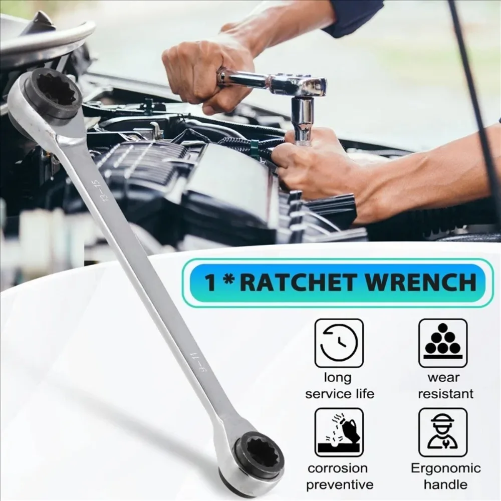 Chave Catraca Dupla Reversível 4 em 1 Reforçada, Chave Torx Box Plum, Ferramenta Manual Multifuncional para Reparo Automotivo e Oficina