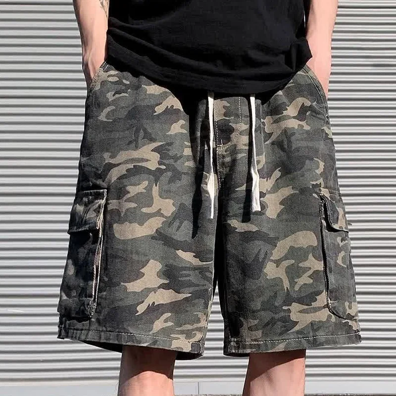 Vintage Camouflage Cargo Shorts Women Y2K Summer High Waist Streetwear Pocket Wide Leg Shorts Bf Korean Loose Knee Length Shorts