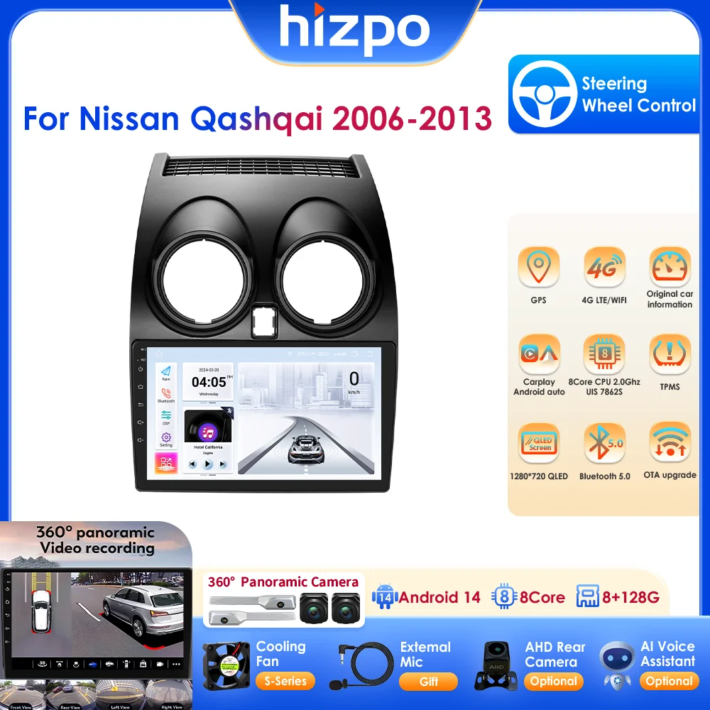 

Hizpo 9" Radio Android 14 Wireless Carplay for Nissan Qashqai 2006-2013 Car Multimedia Player GPS Navi QLED Screen BT DSP Stereo