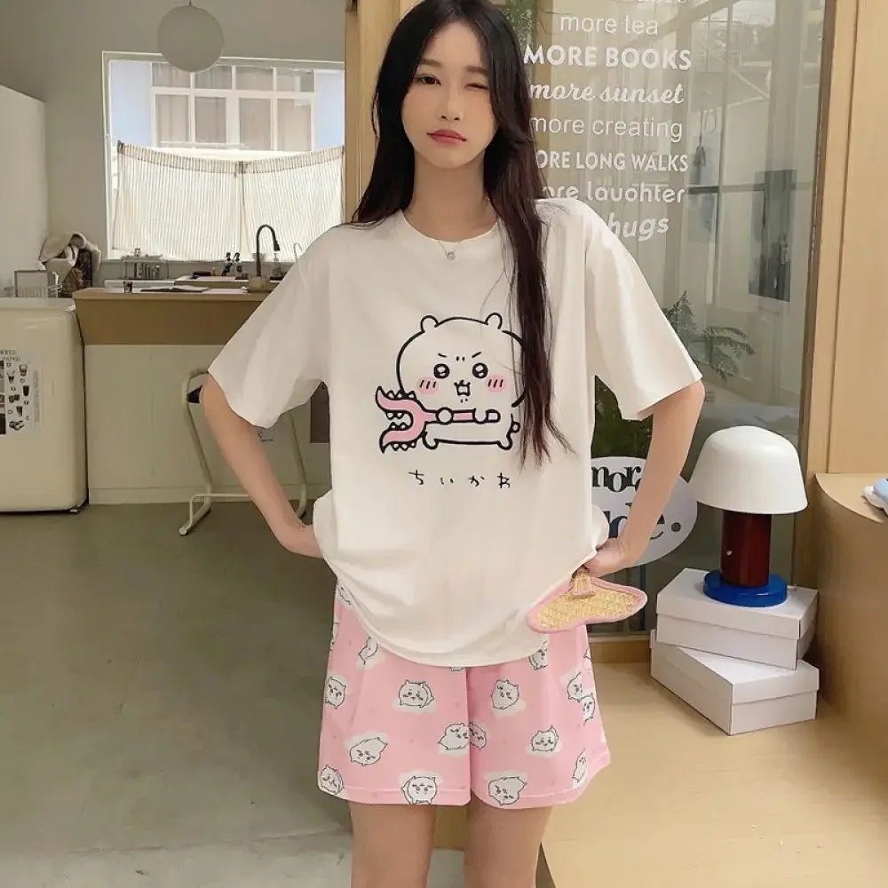 

Kawaii Chiikawa 2022, женские летние пижамные костюмы из чистого хлопка, аниме, шорты с короткими рукавами, Hachiwares, милая домашняя одежда для девочек с героями мультфильмов