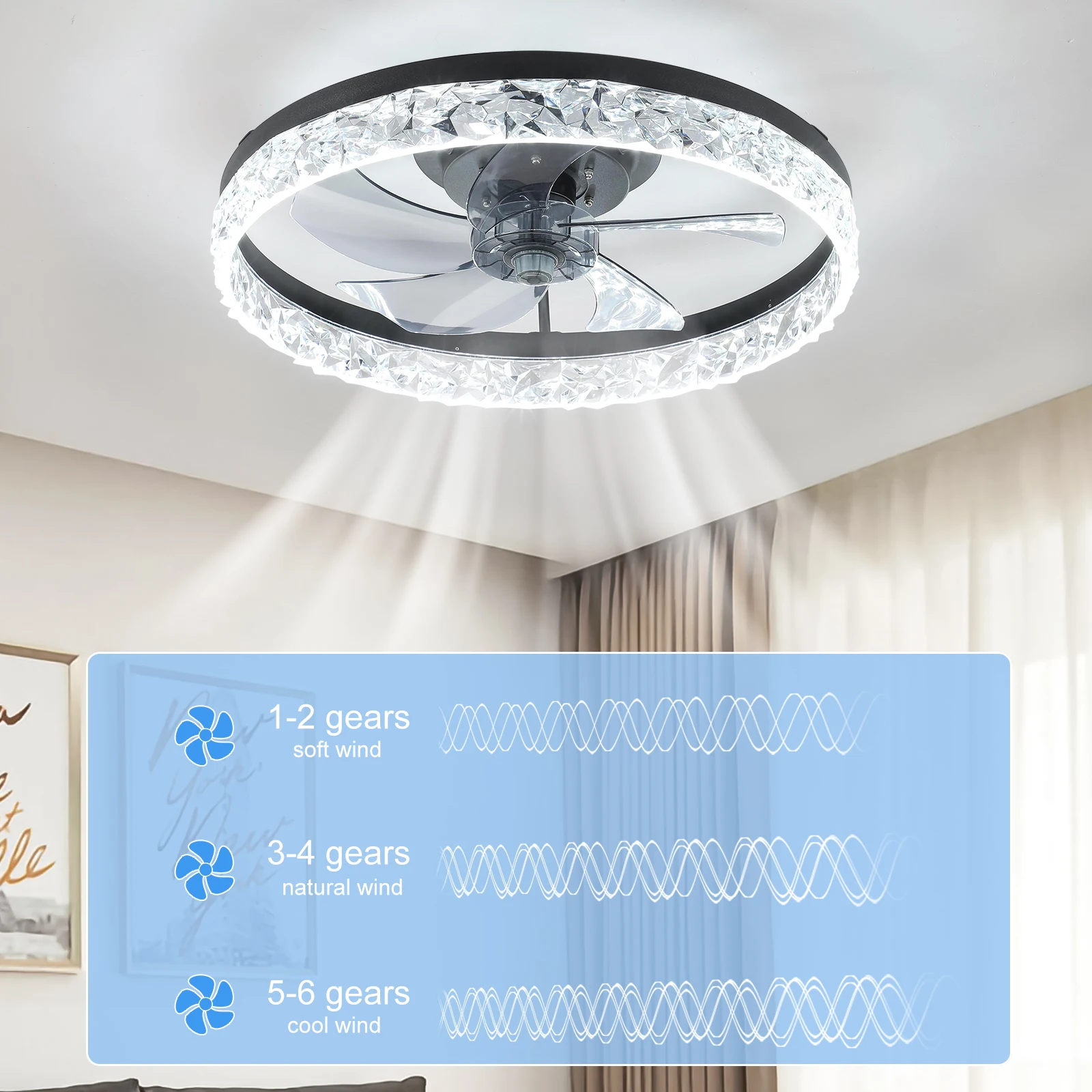 Modern acrylic black ceiling fan light with remote control, dimmable LED pendant light, 6-speed adjustable, silent motor