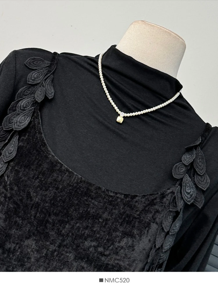 フランス風エレガントベルベットミディ丈スリップドレス レディース 秋 ハイネック長袖Tシャツ風 エレガントヴィンテージ風 ツーピース スリムフィット