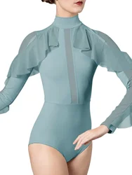 Lyrical Leotard Dance Costume Women Long Ruffle Sleeves Modern Ballet Gymnastics Jumpsuit Ballerina Dance Stage Performance Wear