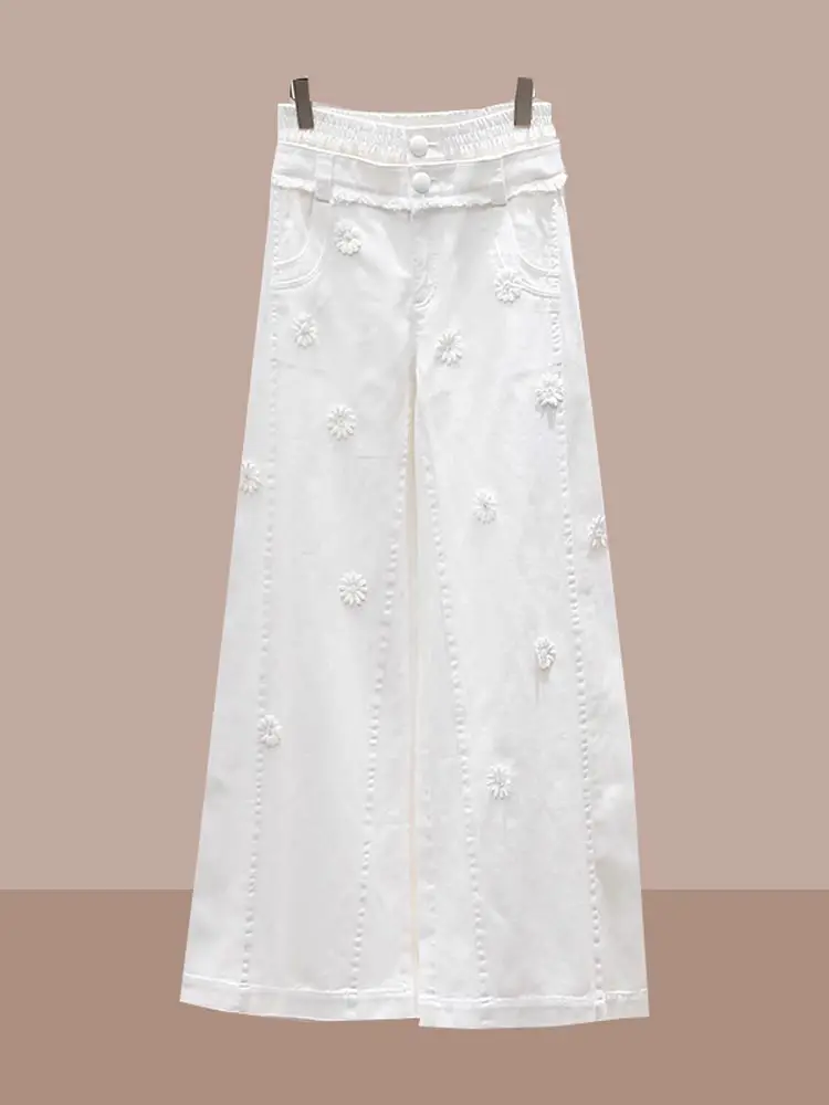 

Женские джинсовые брюки с высокой талией, прямые, широкие, с вышивкой, модные, весна-лето, новые, повседневные, стройнящие