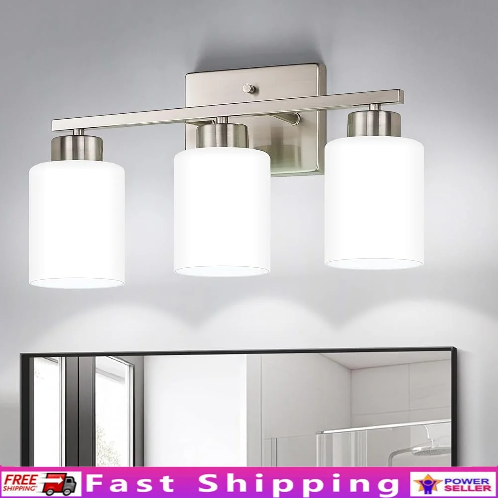 

Brushed Nickel 3-Light Vanity Light Fixtures Over Mirror Wall Sconces Milky White Frosted Glass Shades Easy Install Dimmable E26