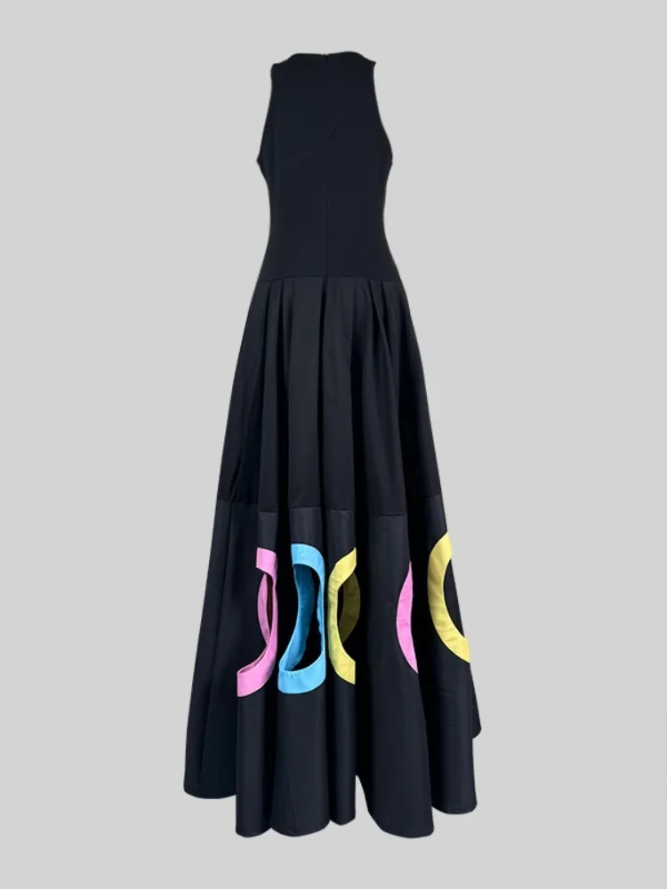 Modigirl Summer Clothes Women 2024 Dress Hollow Pleated Split-Joint Sleeveless Round-neck Party Vestidos Largos Black Dress Long