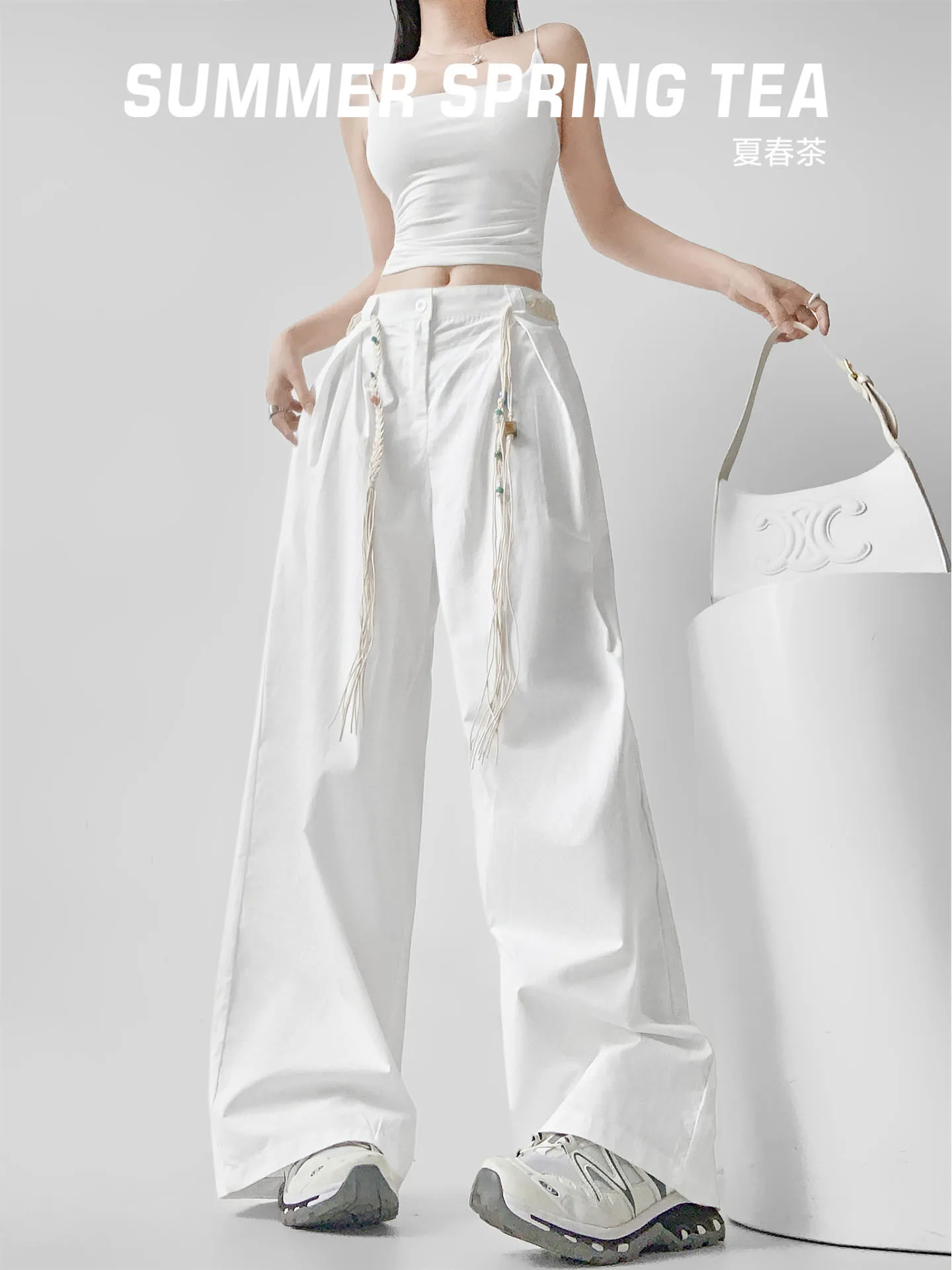 กางเกงขายาวลำลองสีชมพูสำหรับผู้หญิง ดีไซน์ฤดูร้อน ทรงหลวม เอวเล็ก แต่งเข็มขัดถักลูกปัด ผ้าฝ้าย