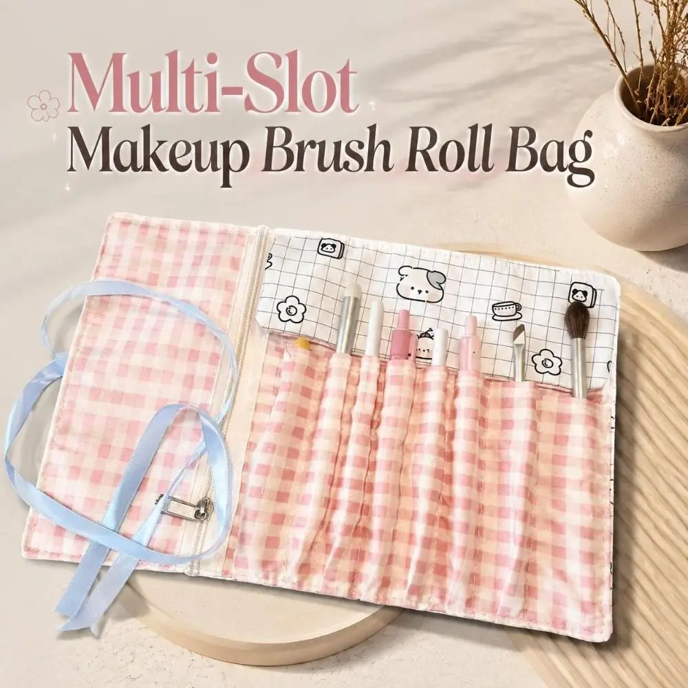 Multi-Slot Makeup Brush Roll Bag Roll-Up Ribbon-Tie Cosmetic Brush Pouch Lightweight Portable Brush Storage Wrap