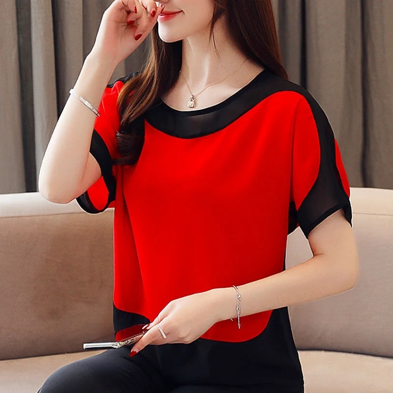 2026 Fashion New Women O-neck Patchwork Shirt Short Sleeve Casual Chiffon Blouse Summer Elegant Casual Tops 3