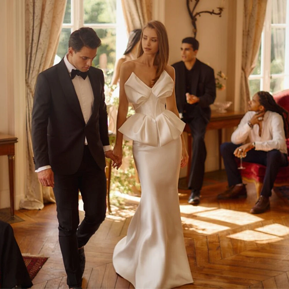 

Elegant V-neck Satin Mermaid Wedding Dresses Custom made Bridal Grown 2025 Vestido De Noival