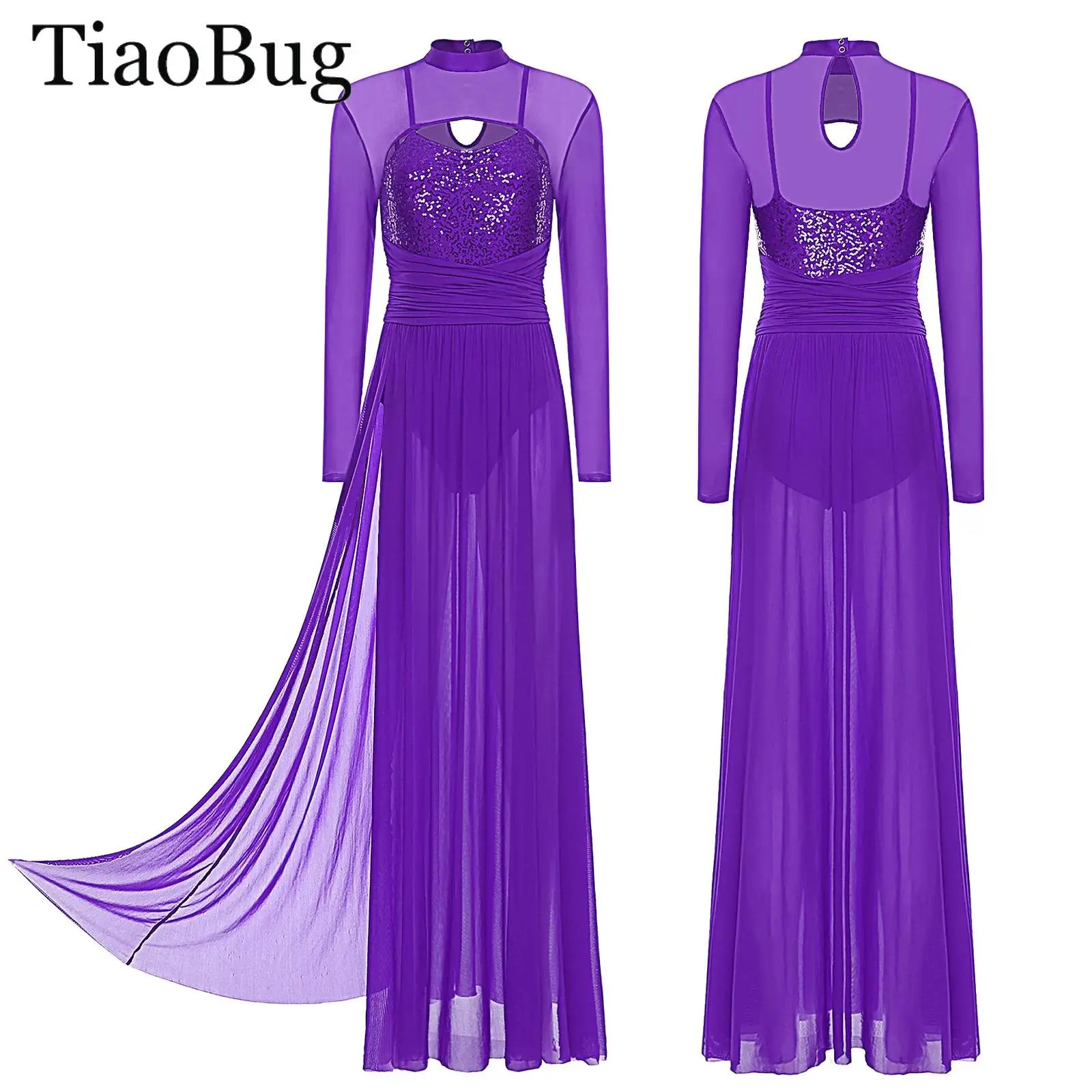 

Women Modern Lyrical Dance Dress Sequin Long Sleeve Mesh Tulle Maxi Long Dress Ballet Gymnastics Contemporary Dancewear Costumes