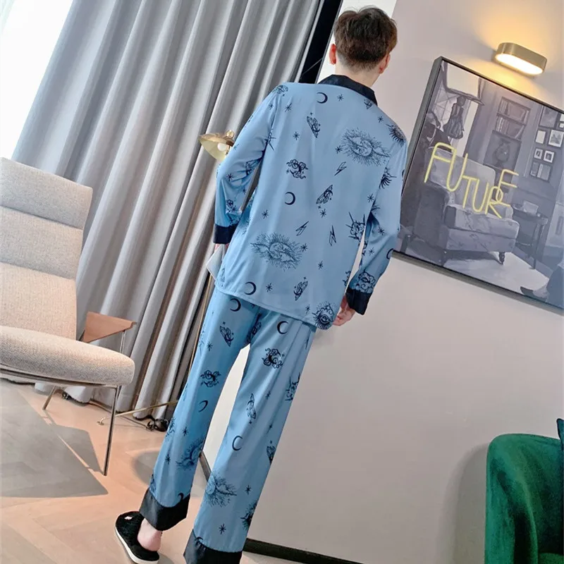 Autumn Men's Ice Silk Pajamas luxury Silk Long sleeve Boy's Sleepwear lapel loose fashion print two-piece nightgown