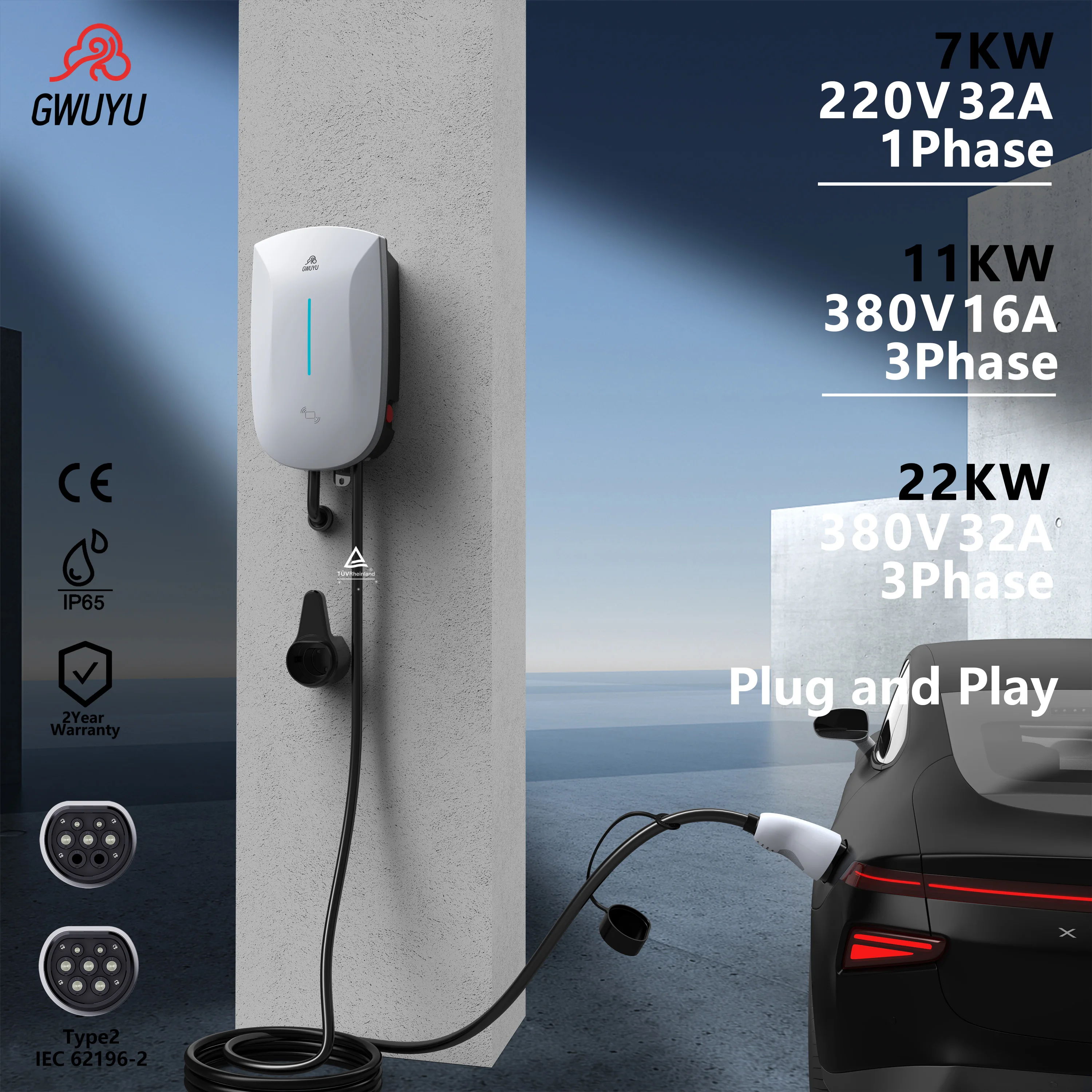 

7KW EV Charger 380V 11KW 22KW 3Phase Electric Vehicle Charging Station Wallbox Type2 IEC62196-2 Socket 5m Cable Plug and Play