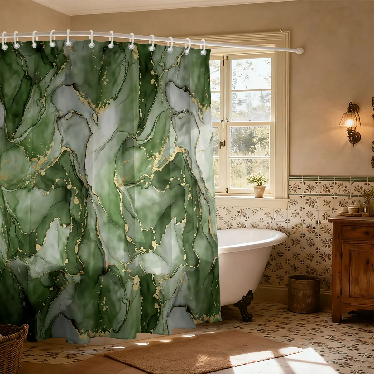 1pc Marble Textured Printed Shower Curtain, Multi Size Partition Privacy Hanging Curtain With 12 Hooks Bathroom Decoration