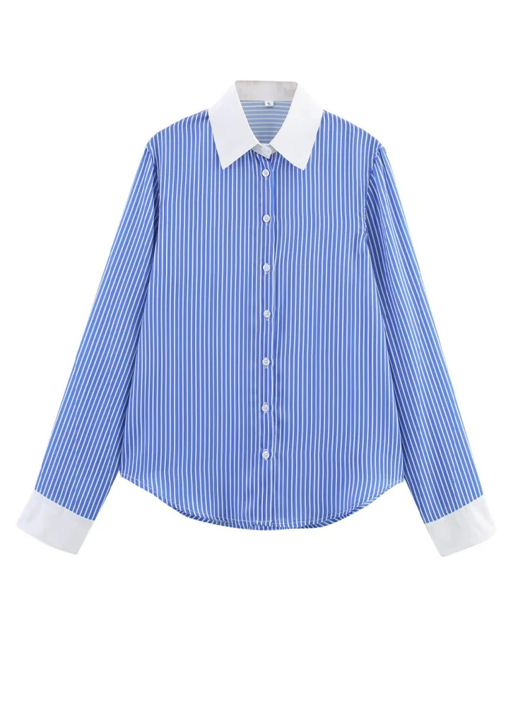 

2025 New Women's Clothing European and American Style Colorblock Striped Long Sleeve Single-Breasted Long Sleeve Shirt