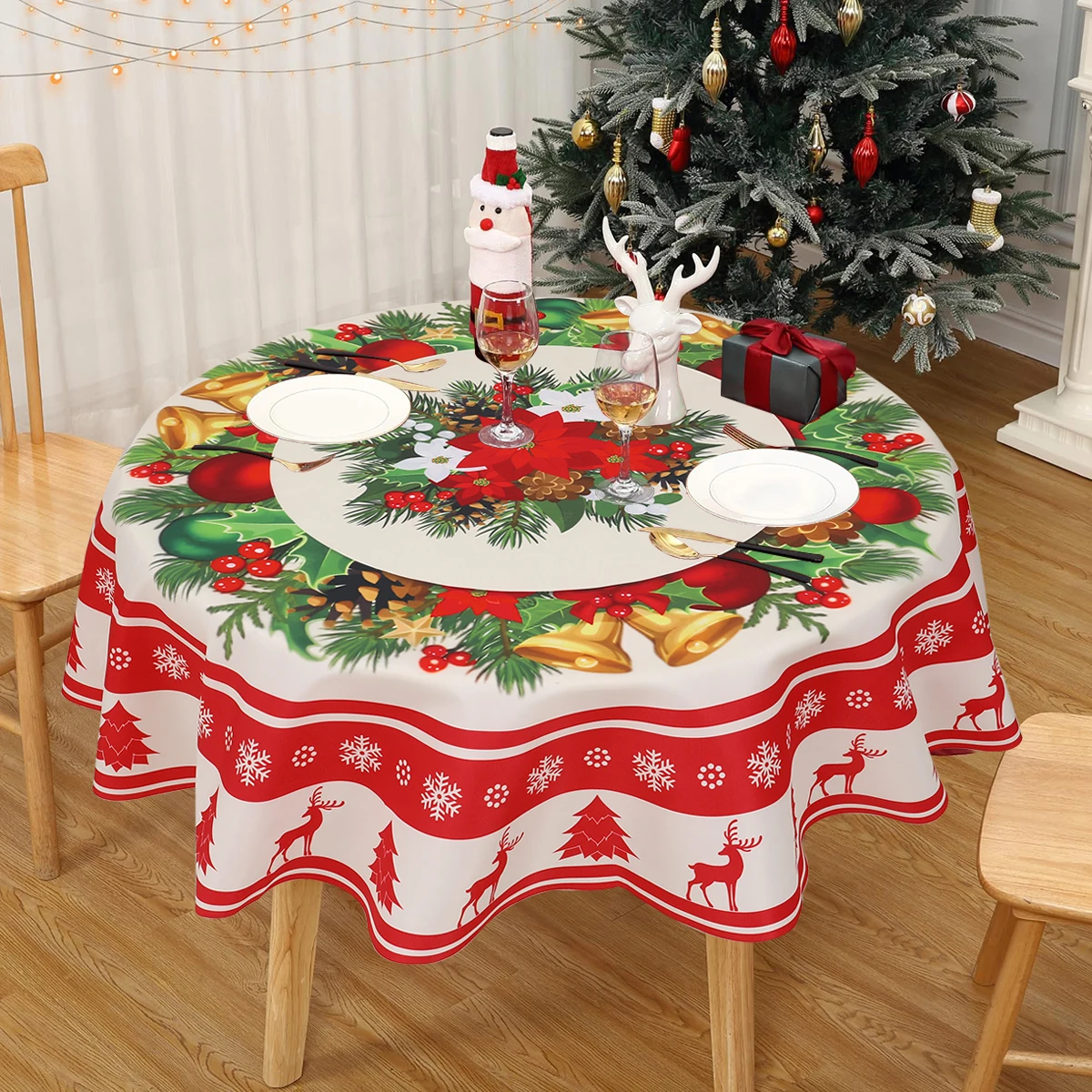 Christmas Polyester Round Tablecloth 2024 Merry Christmas Decoration For Home Xmas Gift Navidad New Year Dining Table Cover