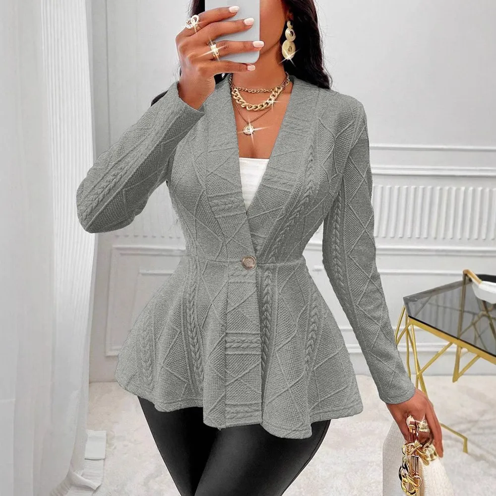 Elegant Women's Medium Weight Casual Collarless Jacquard Jacket with Single Button Hip Length Women's Fashion Outerwear Style