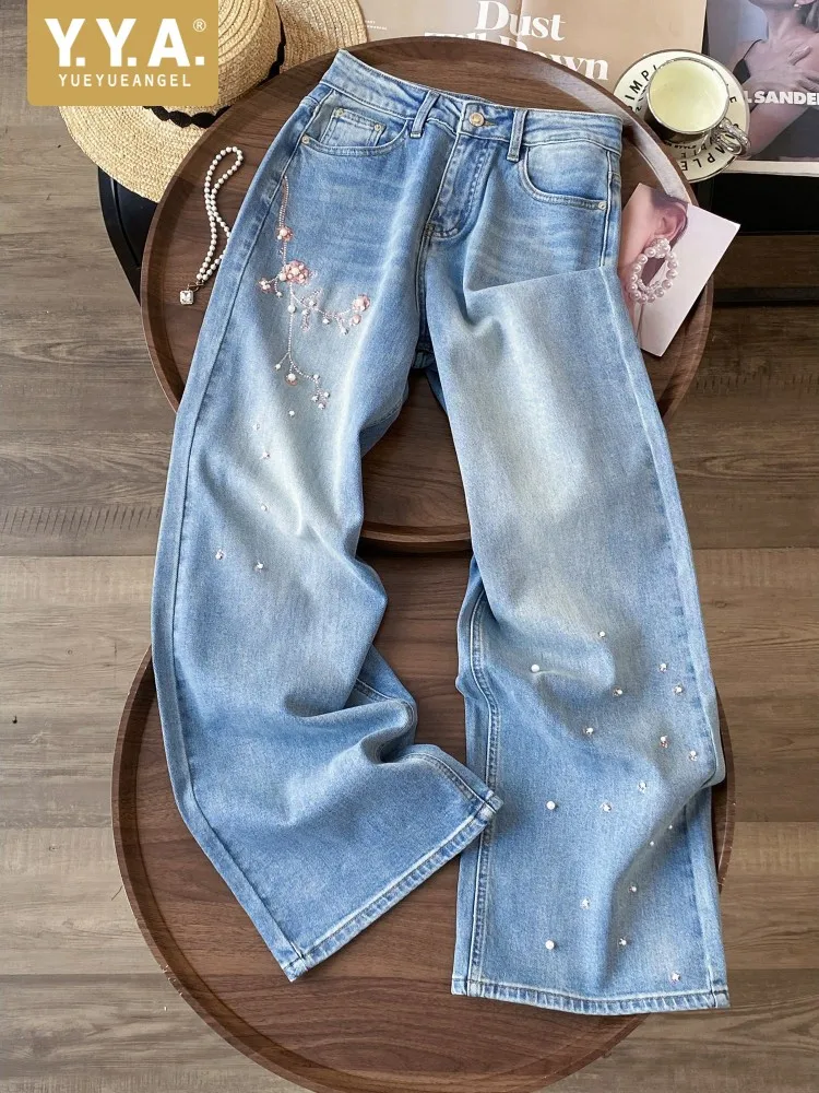 

Spring Work Ladies Embroidery Flower Streetwear Jeans Straight High Waist Beading Denim Trousers Retro Female Casual Long Pant