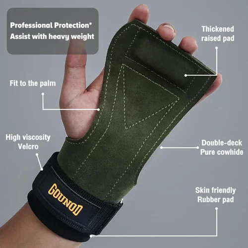 Imagen 2 del producto Guantes de gimnasio con empuñaduras, correas antideslizantes para muñeca, Protector de palma para levantamiento de pesas, correas de peso muerto, guantes de Fitness de cuero de vaca para dominadas