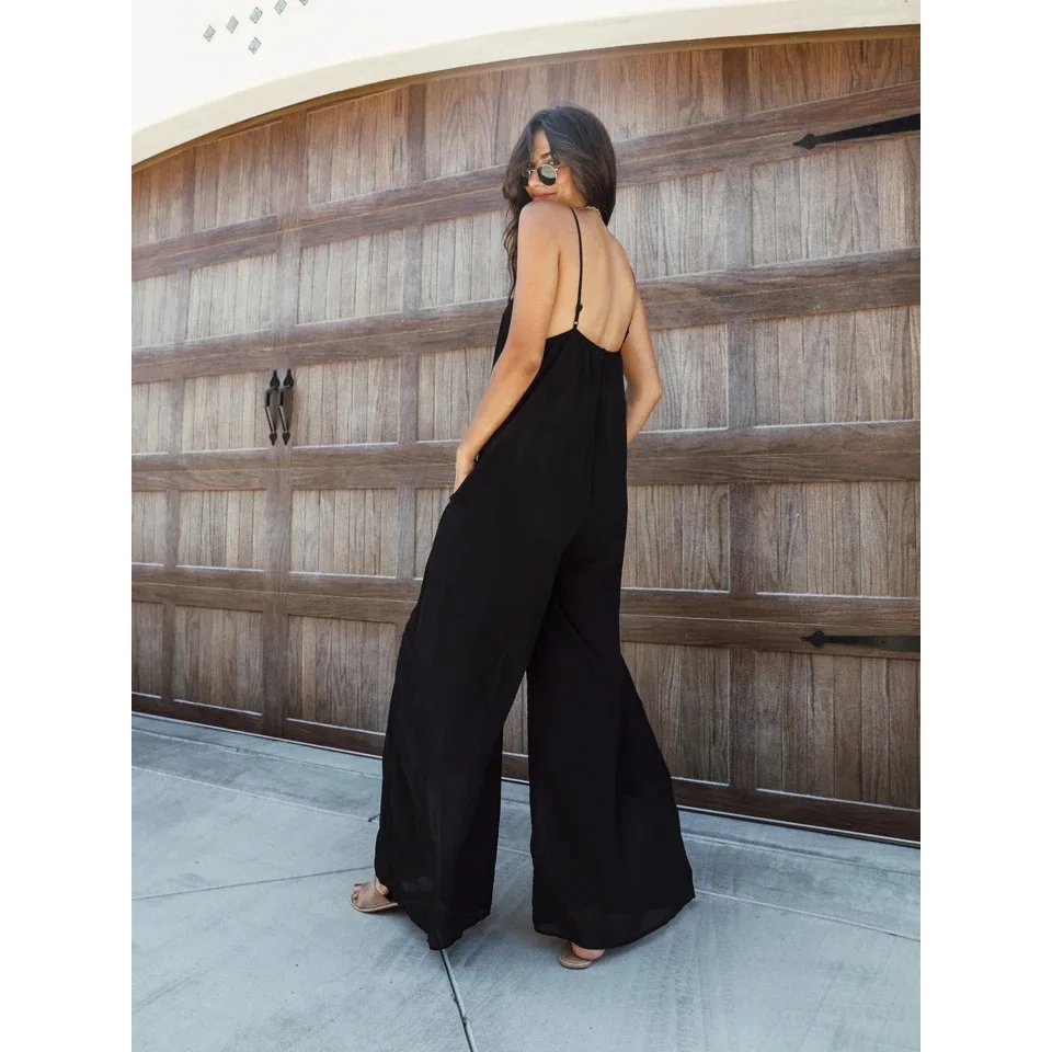 BKLD Solid Color 2024 Summer New Sexy V-Neck Spaghetti Strap Loose Jumpsuit Casual Vacation Outfis For Women One Pieces