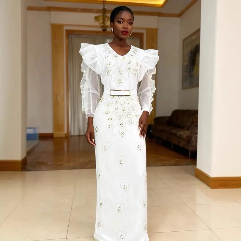 

Africa Dress for Women for Evening Party Elegant African Mesh 3/4 Sleeve Polyester Diamond Bodycon Long Maxi Dress Outfits