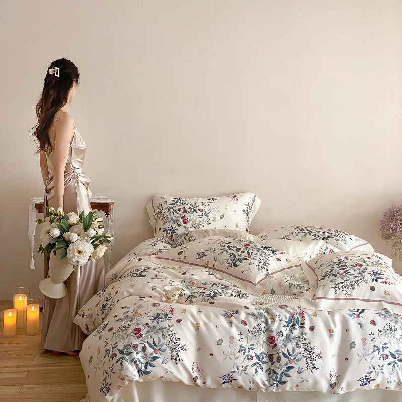 Botanical Floral Lyocell Bedding Set 4Pcs Silky Cooling Duvet Cover with Pinecone & Berry Print, Soft Bed Linen for Hot Sleepers
