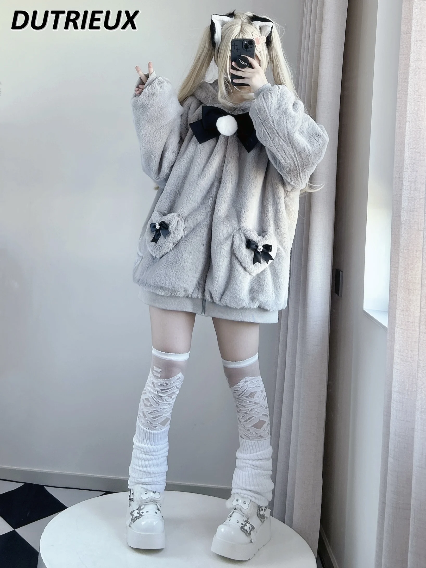 Long Sleeve Plush Cute Coat Japanese Mass-Produced Mine Winter Zipper Sweet Girl Clothes Easy Matching Bow Jacket for Women