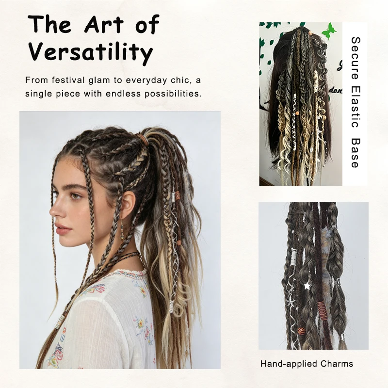 24 Zoll synthetischer Boho-Dread-Pferdeschwanz zum Anklippen, Wikinger-Zopf mit Muschelanhänger-Perlen, Haarverlängerungen für Frauen – Detail 4
