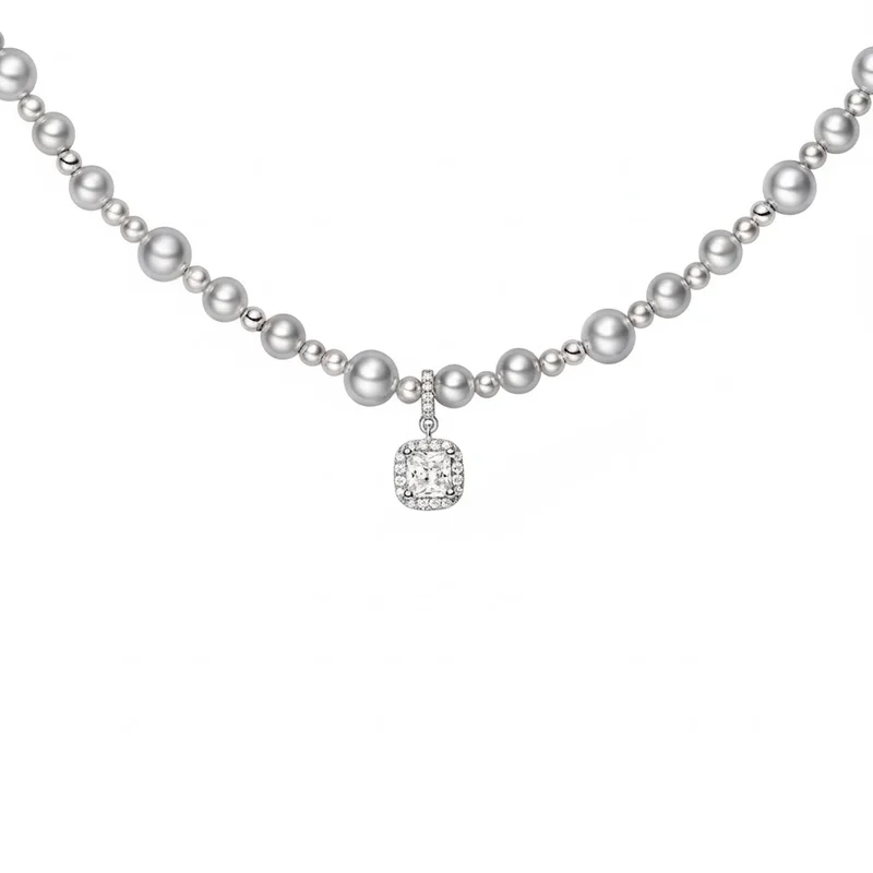 

Statement Grey Pearl Necklace 316L Stainless Steel Tarnish Free Square CZ Pendant Evening Party Anniversary Gift Wife MURMUR