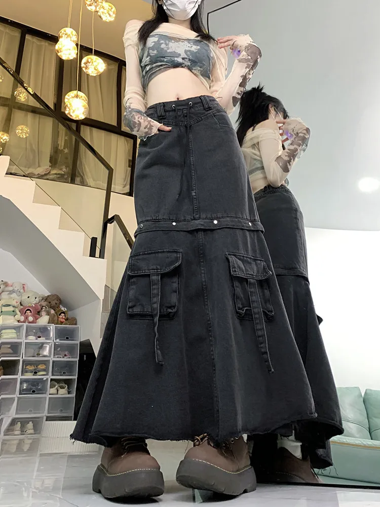 Fashion Vintage Long Denim Skirt Women Pocket Design High Waist A-Line Skirt Jean Skirts Wash Detachable denim skirt women 2024