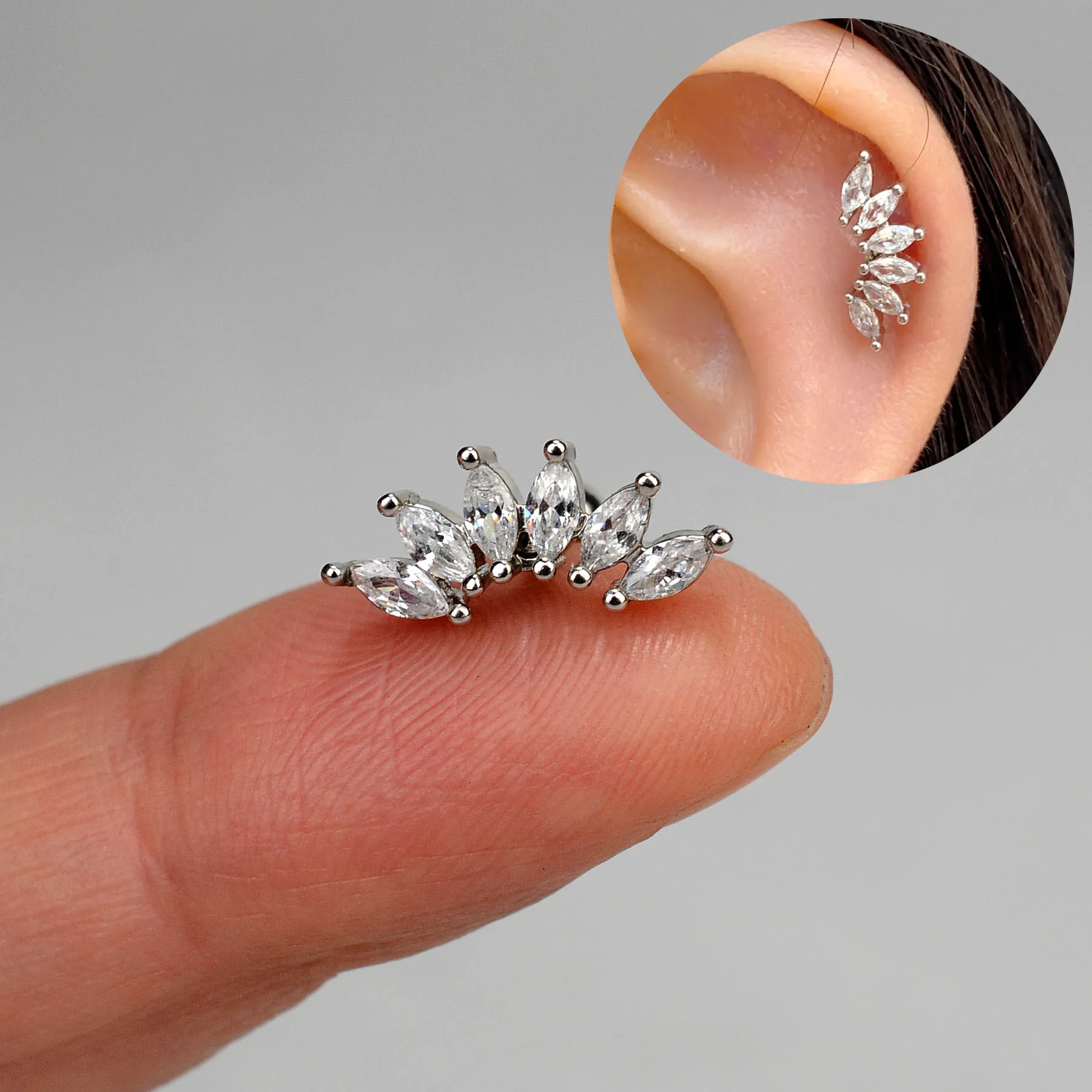 Curved CZ Cartilage Stud Moon Leaf Earring, Stainless Steel