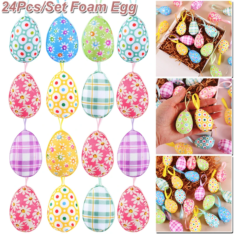 24Pcs Colorful Easter Eggs Hanging Pendant Ornament Foam Painting Flower Egg Easter Party Decoration For Home Kids Gifts