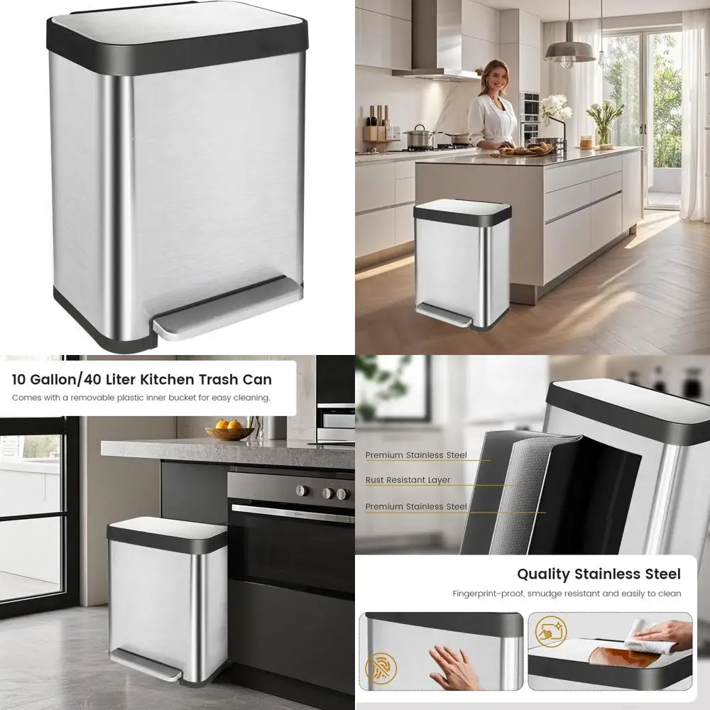 10 Gallon Stainless Steel Kitchen Trash Can with Removable Bucket, Step-On Lid for Office and Bathroom