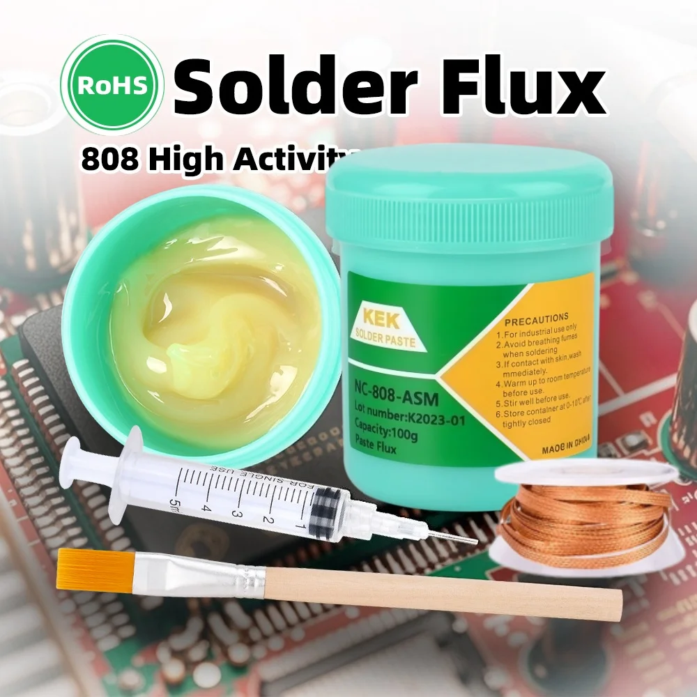 RA‑808 No‑Clean High Activity Soldering Flux Paste 4Pcs Repair Kit with Solder Wick & Cleaning Brush for BGA SMD PCB Motherboard
