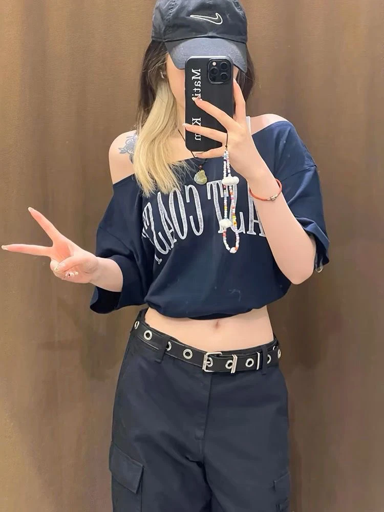 

Off Shoulder T-Shirt For Woman Korean Style Womens Flash Bodycon Detail Blue Light Mini Fairy Button Half Sleeve Stitch Original