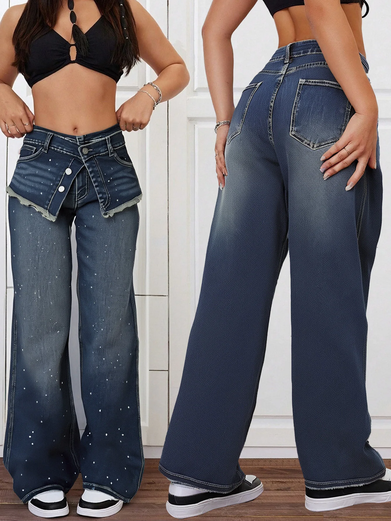 

Trendy Wide - Leg Jeans for Women with Rhinestone Details - Comfort & Fashion
