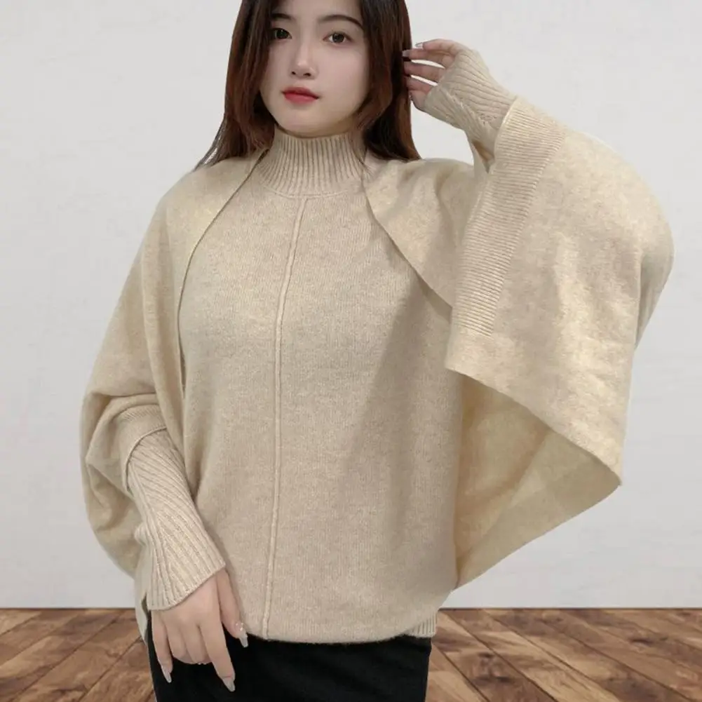 

Women Knitting Shawl Collarless Long Sleeve Open Front Solid Color Sweater Coat Loose Fit Knitting Cape