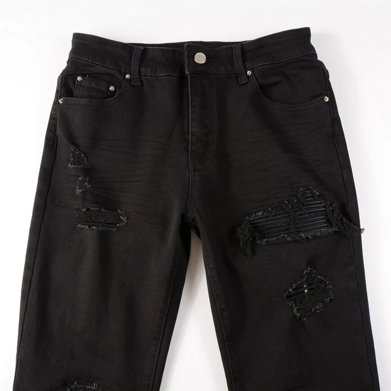 Pantalones vaqueros de cuero para motorista, ropa de calle para motocicleta, rasgados con agujeros, elásticos de retales, negros, ajustados, Tapered