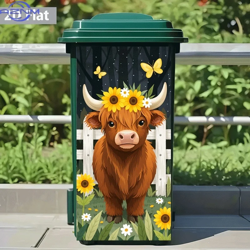 [2D Flat Printing]1pc of Trash Can Sticker[Title Translated, Do Not Change] Forest Flower Cow Gazing Theme Design Wall Sticker