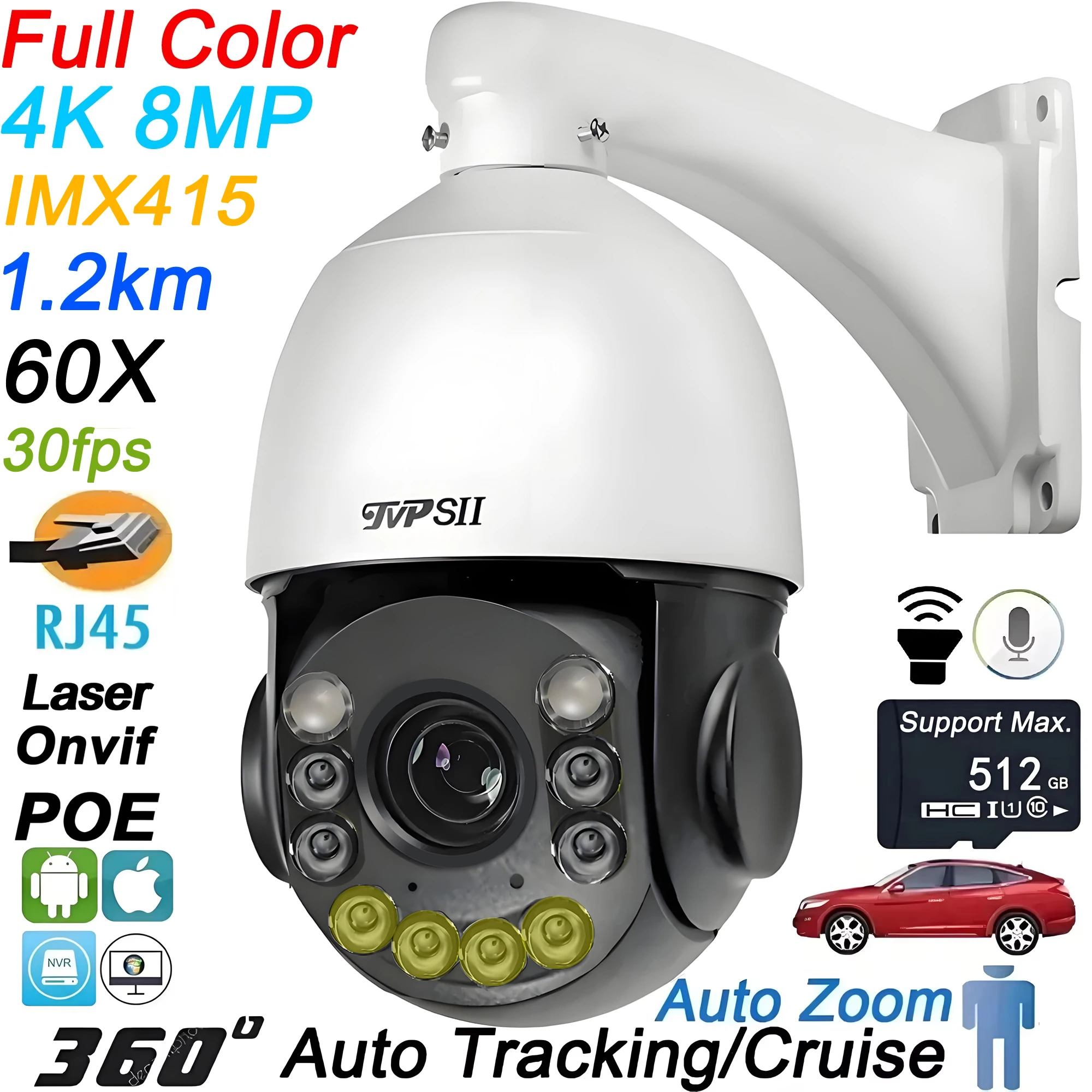 Laser Infraed Full Color Metal Auto Tracking Cruise 8MP 4K 30fps 60X Optical Zoom 360° PTZ Speed Dome Surveillance POE IP Camera