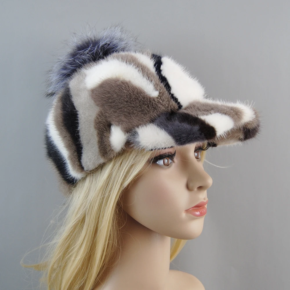 2024 New Arrival Women Mink Fur Caps Fox Fur Pompoms Hats Girls Mink Fur Hat Fashion Winter Solid Knit Real Fur Baseball Hats